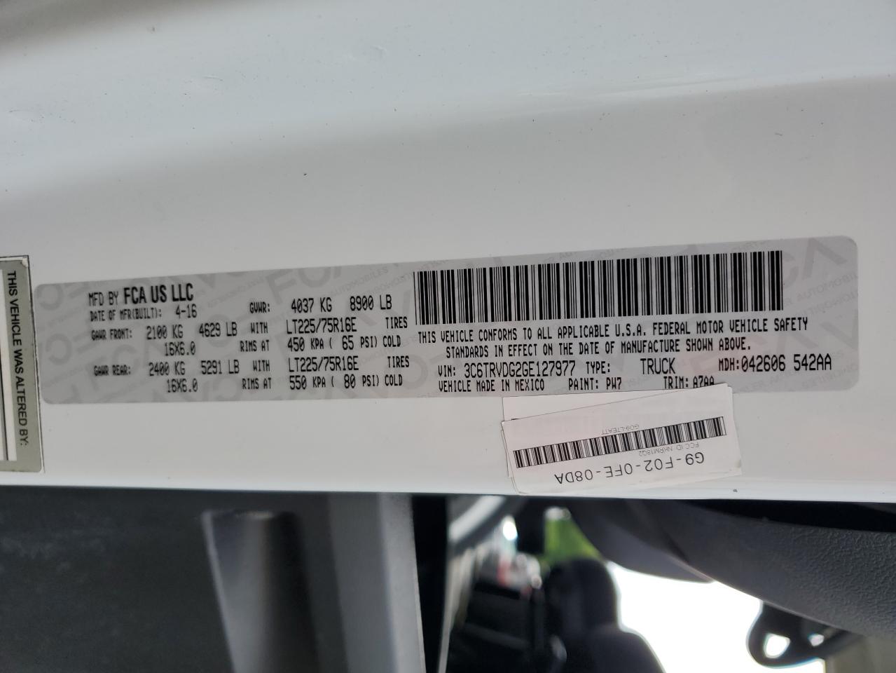 2016 Ram Promaster 2500 2500 High VIN: 3C6TRVDG2GE127977 Lot: 63700735