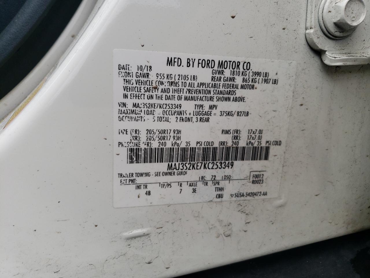 2019 Ford Ecosport Titanium VIN: MAJ3S2KE7KC253349 Lot: 63393185