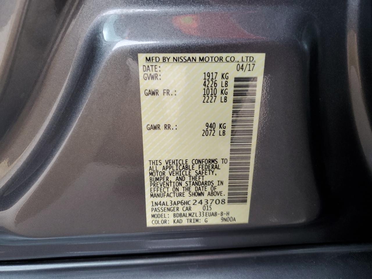 VIN: 1N4AL3AP6HC243708 2017 NISSAN ALTIMA