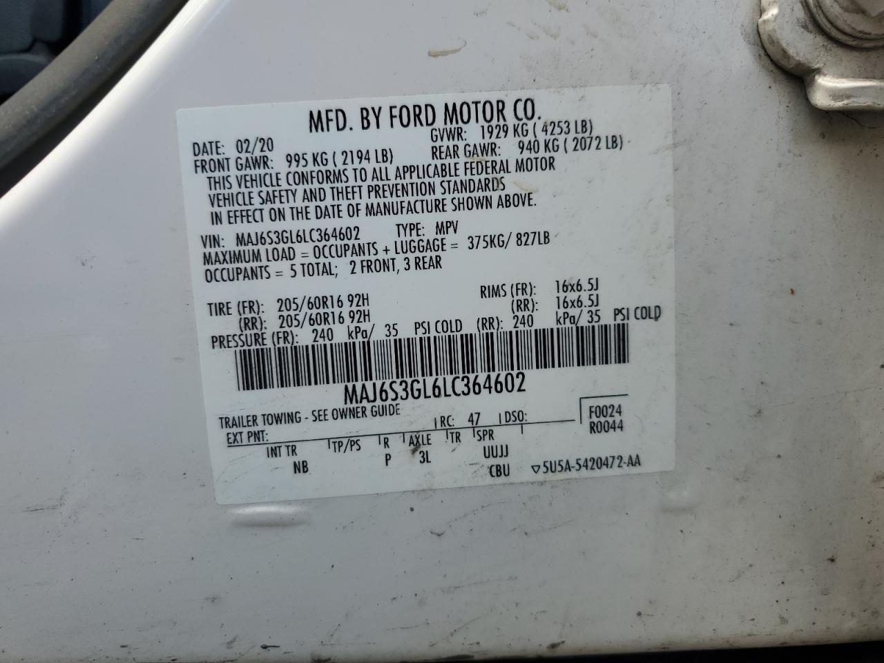 2020 Ford Ecosport Se VIN: MAJ6S3GL6LC364602 Lot: 64756935