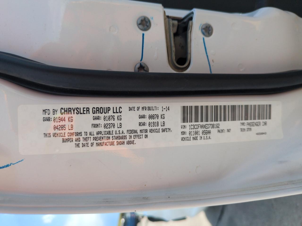 2014 Dodge Dart Se VIN: 1C3CDFAAXED738162 Lot: 63101225