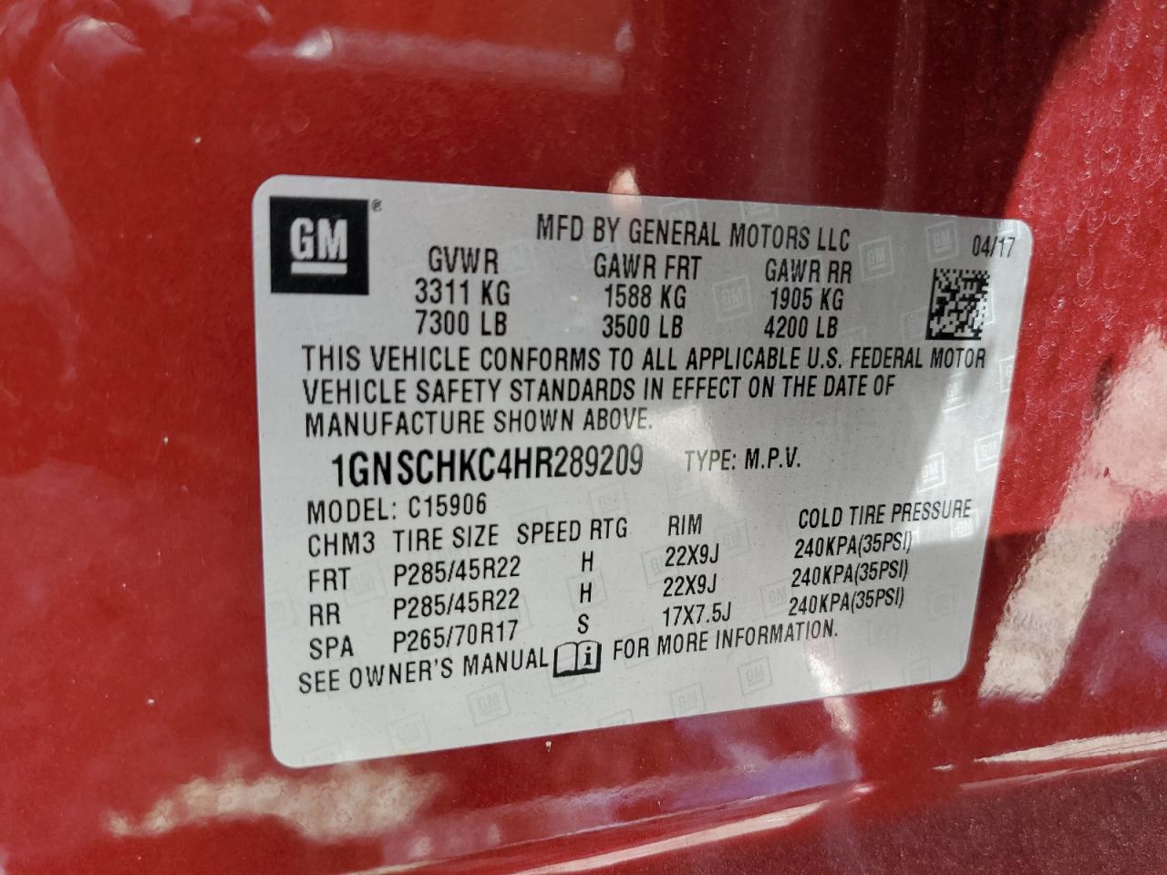 2017 Chevrolet Suburban C1500 Lt VIN: 1GNSCHKC4HR289209 Lot: 64571495