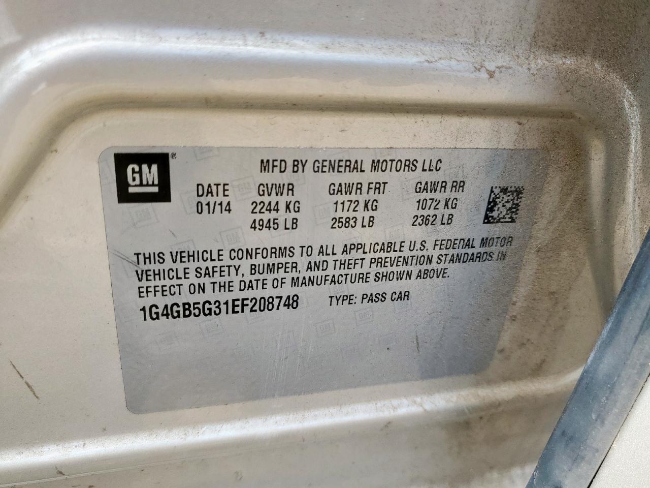 2014 Buick Lacrosse VIN: 1G4GB5G31EF208748 Lot: 64427215