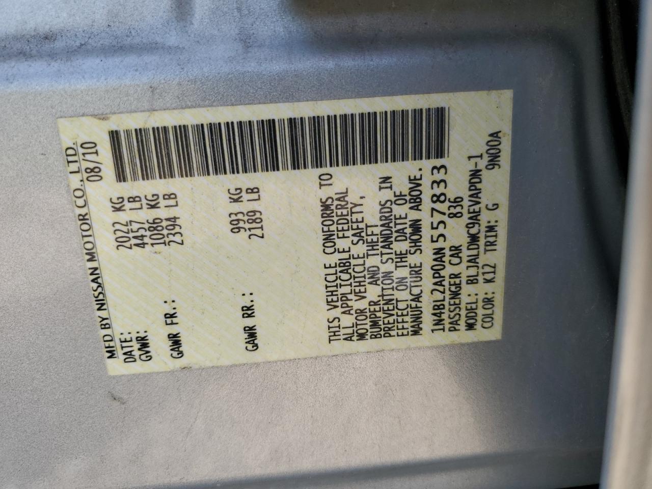 2010 Nissan Altima Sr VIN: 1N4BL2AP0AN557833 Lot: 64651045