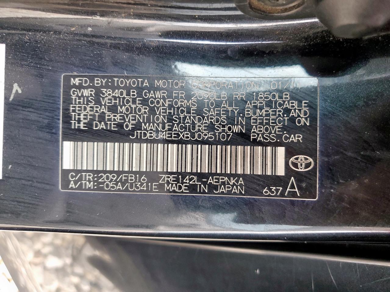 2011 Toyota Corolla Base VIN: JTDBU4EEXBJ095107 Lot: 64741025