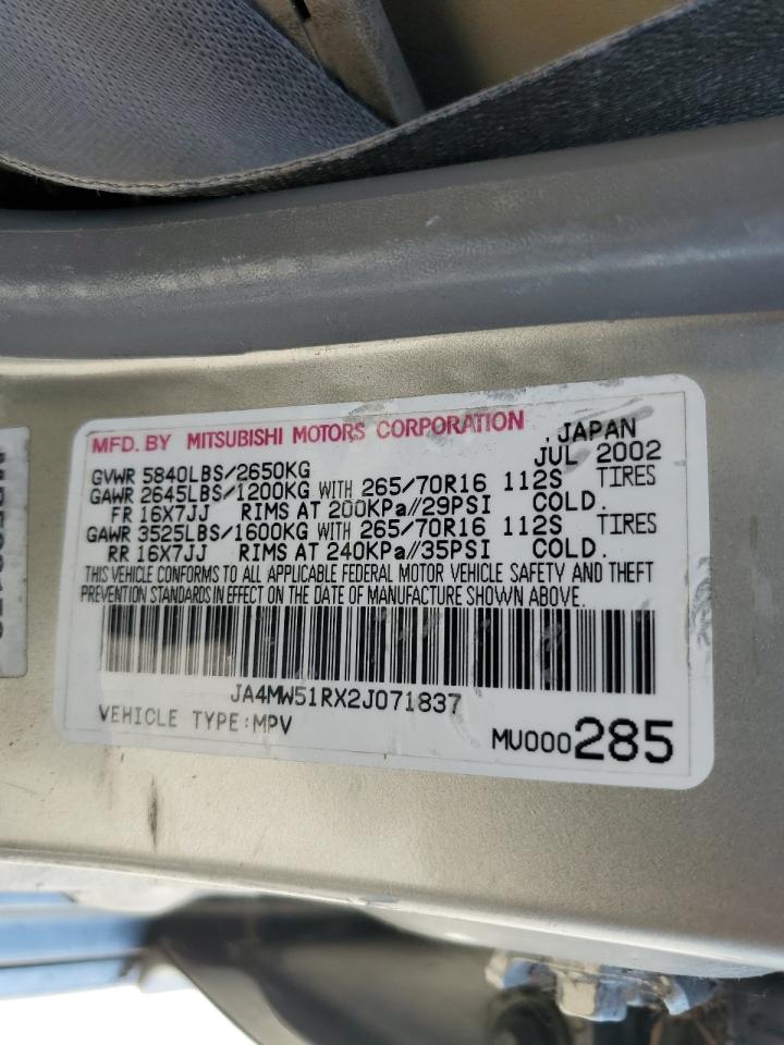2002 Mitsubishi Montero Limited VIN: JA4MW51RX2J071837 Lot: 64141295