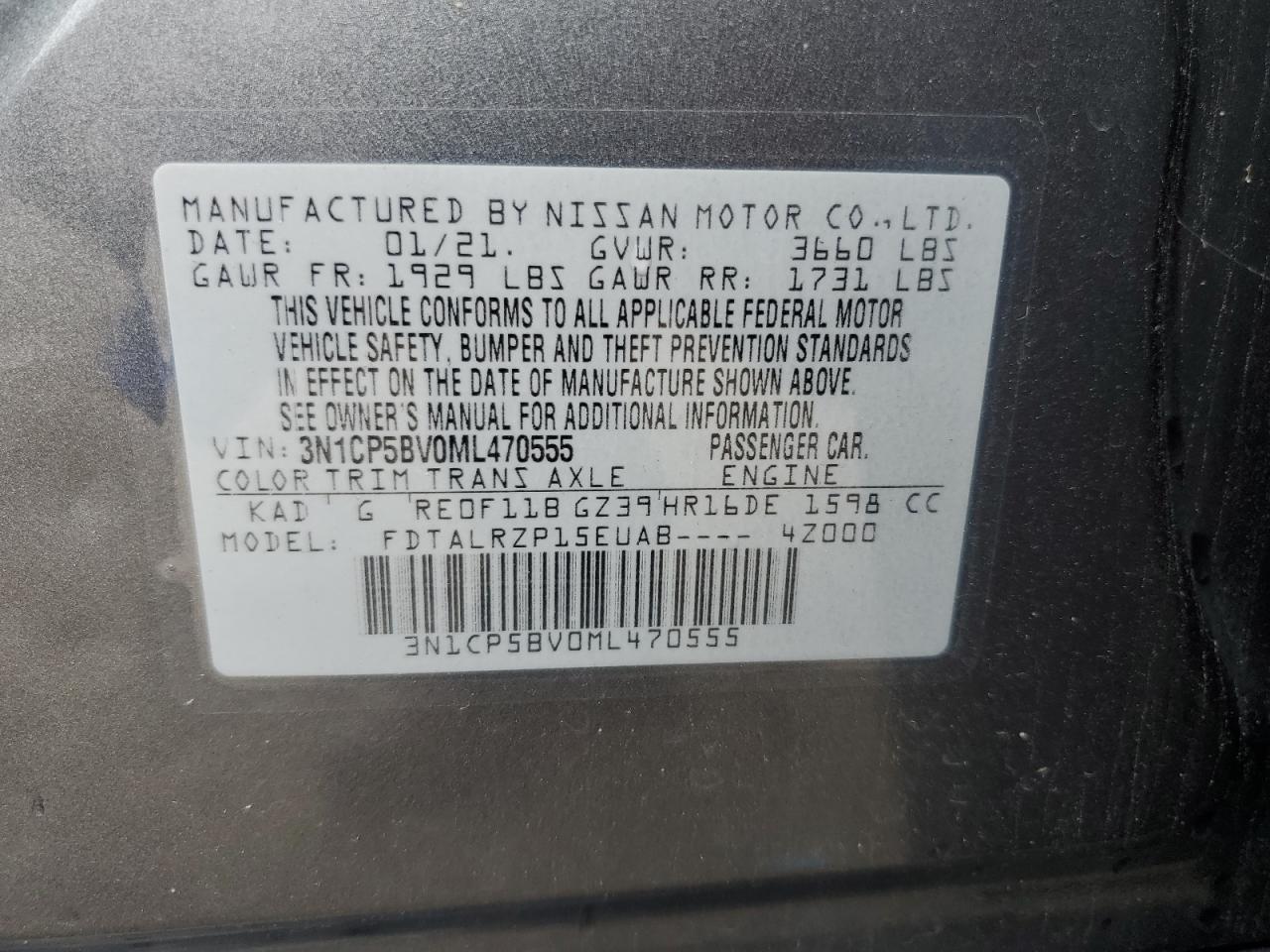 2021 Nissan Kicks S VIN: 3N1CP5BV0ML470555 Lot: 64485585