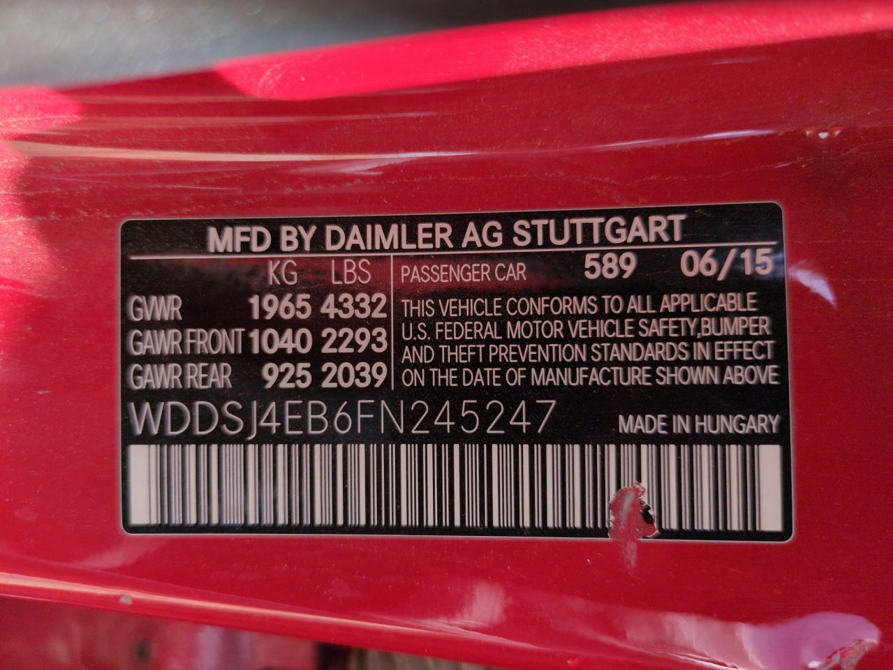 2015 Mercedes-Benz Cla 250 VIN: WDDSJ4EB6FN245247 Lot: 65364155