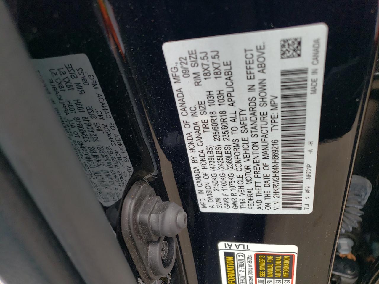 2022 Honda Cr-V Exl VIN: 2HKRW2H84NH669216 Lot: 64200495