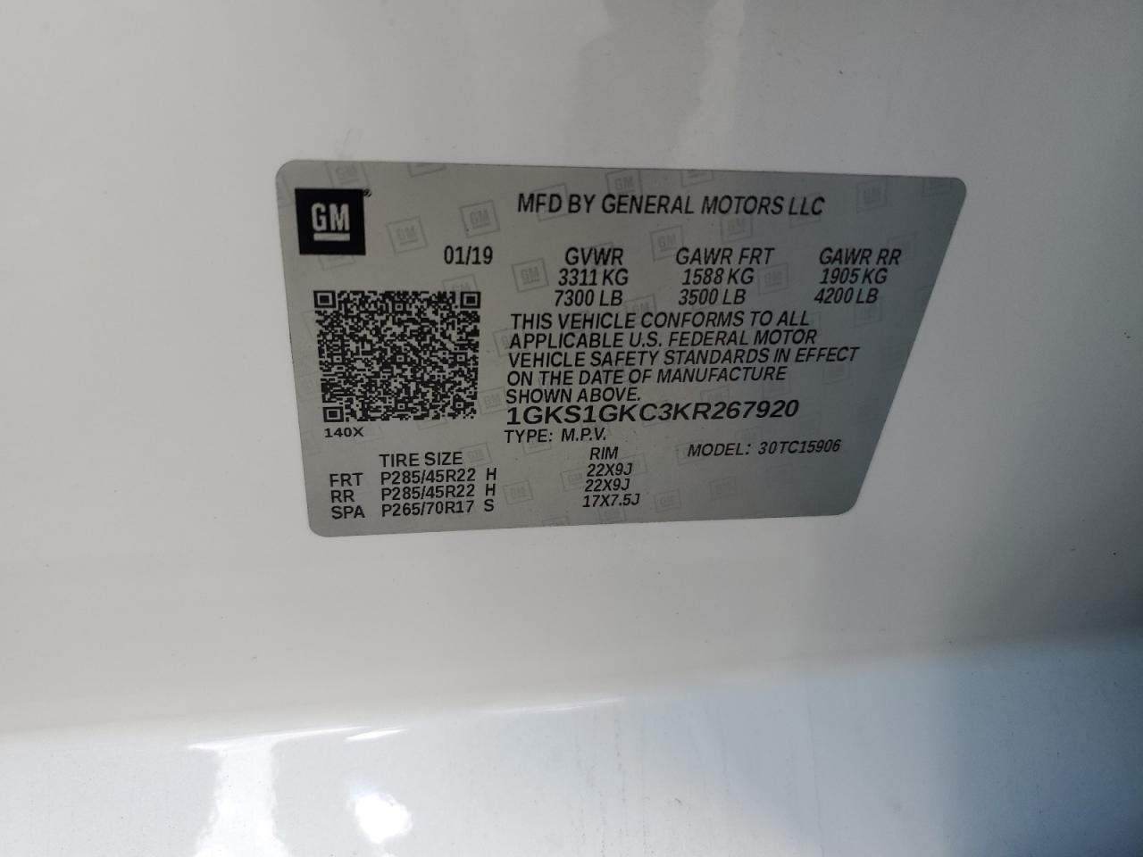 2019 GMC Yukon Xl C1500 Slt VIN: 1GKS1GKC3KR267920 Lot: 64778755
