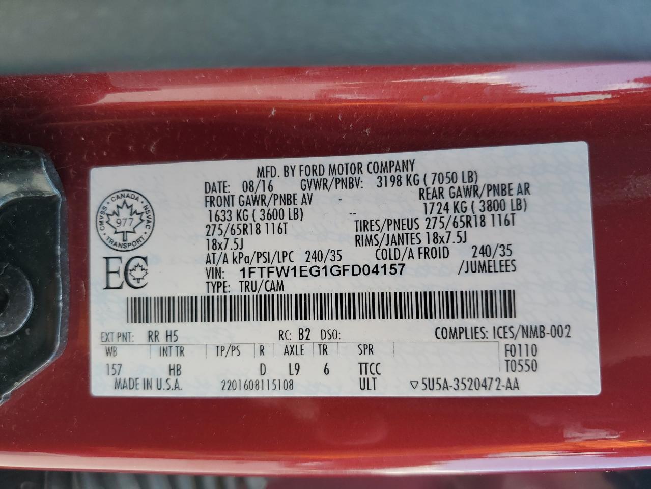 2016 Ford F150 Supercrew VIN: 1FTFW1EG1GFD04157 Lot: 65148785