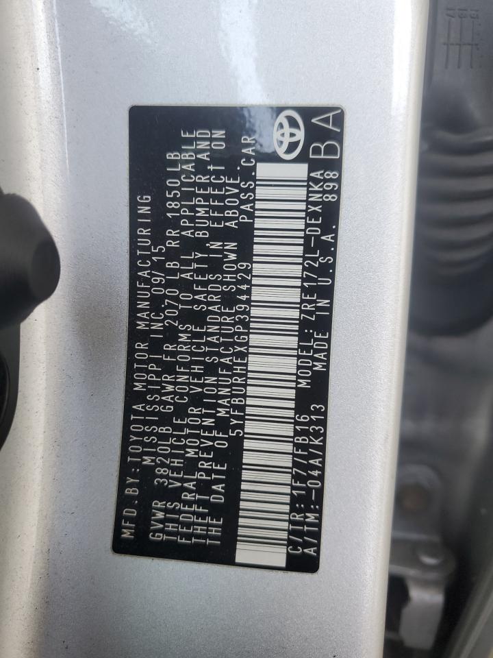 2016 Toyota Corolla L VIN: 5YFBURHEXGP394429 Lot: 64866195