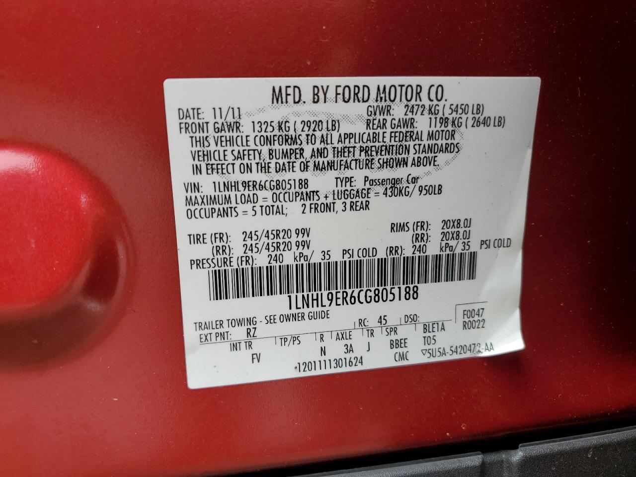 1LNHL9ER6CG805188 2012 Lincoln Mks