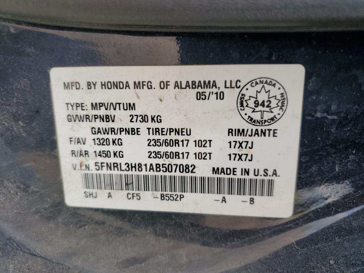2010 Honda Odyssey Touring VIN: 5FNRL3H81AB507082 Lot: 62931535