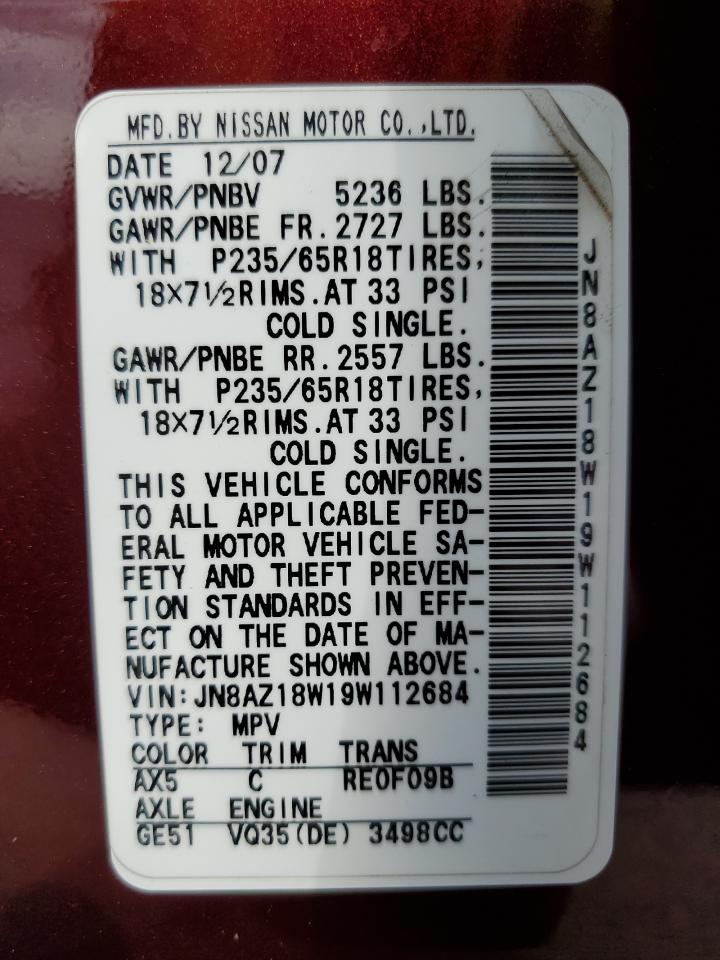 2009 Nissan Murano S VIN: JN8AZ18W19W112684 Lot: 62602665