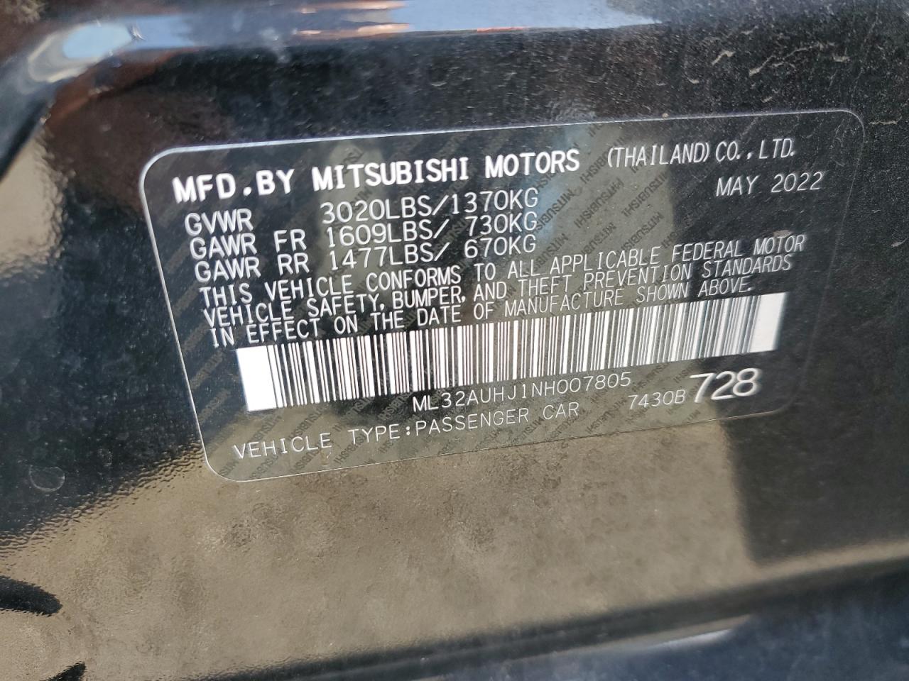ml32auhj1nh007805 ML32AUHJ1NH007805 2022 Mitsubishi Mirage Es