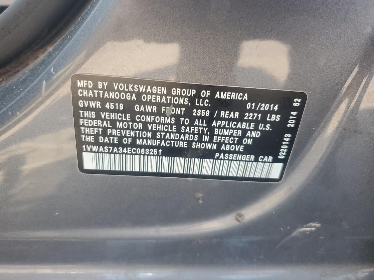 2014 Volkswagen Passat S VIN: 1VWAS7A34EC063251 Lot: 64017895