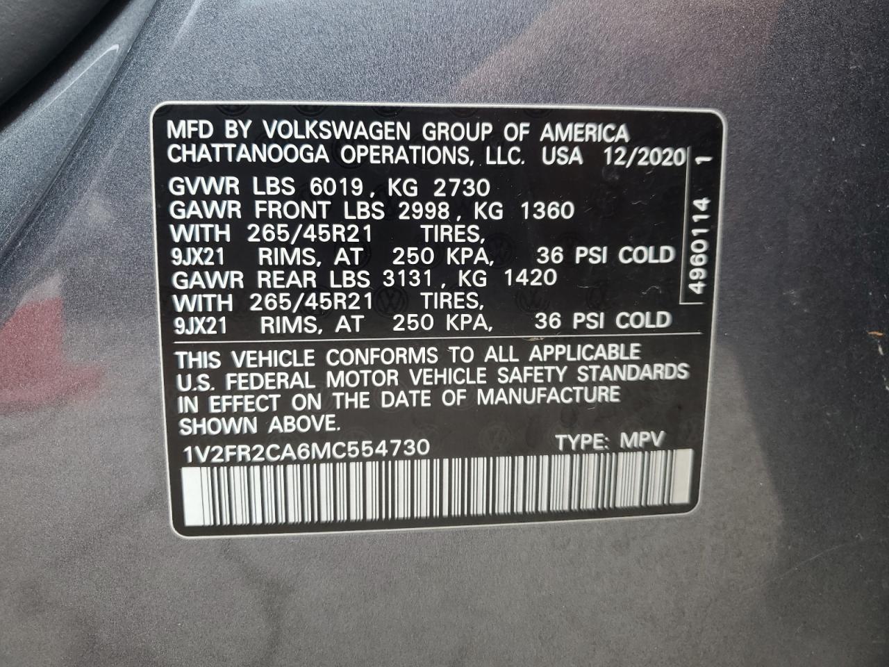 2021 Volkswagen Atlas Sel Premium R-Line VIN: 1V2FR2CA6MC554730 Lot: 63439345