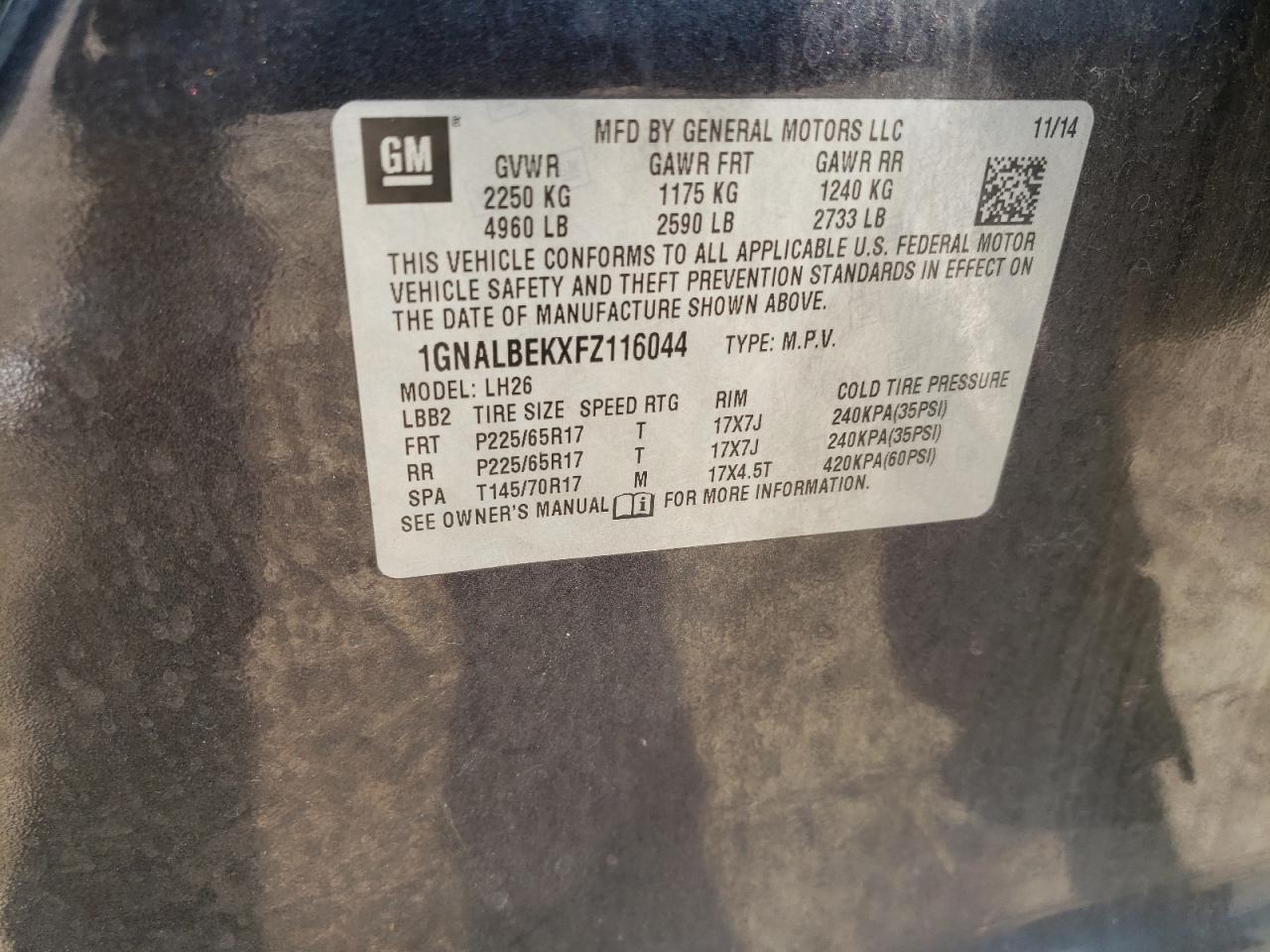 1GNALBEKXFZ116044 2015 Chevrolet Equinox Lt