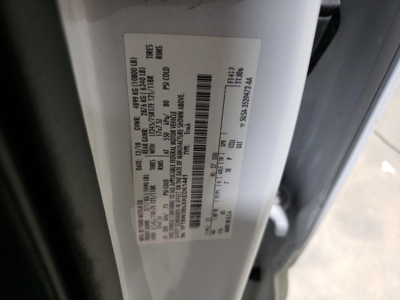 2019 Ford F350 Super Duty VIN: 1FT8W3B6XKED61441 Lot: 63116495