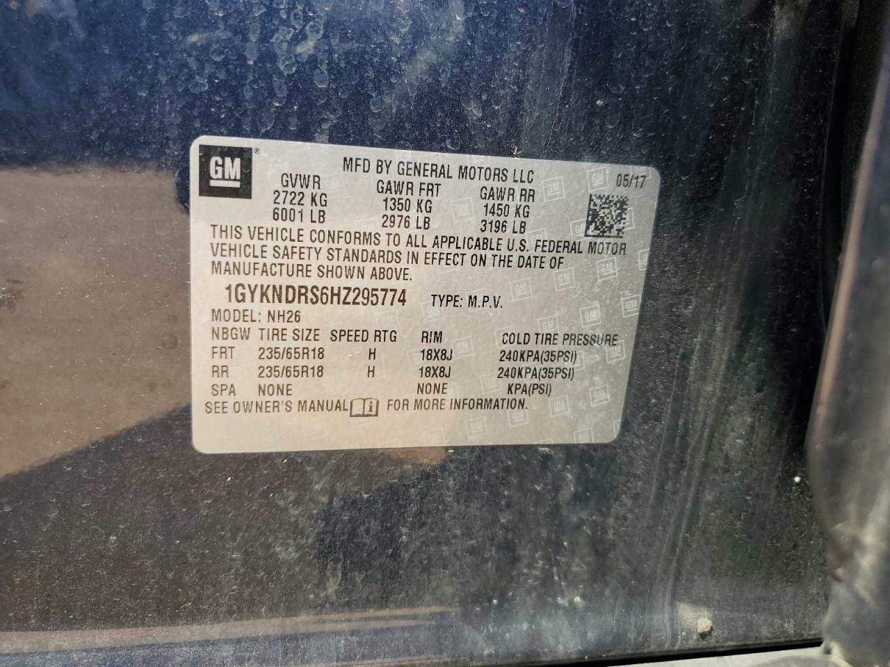 2017 Cadillac Xt5 Luxury VIN: 1GYKNDRS6HZ295774 Lot: 66432535