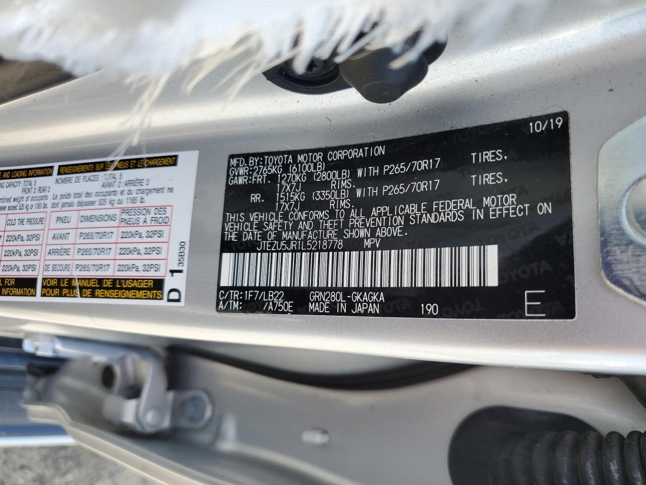 2020 Toyota 4Runner Sr5 VIN: JTEZU5JR1L5218778 Lot: 67045275