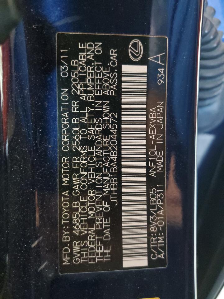 2011 Lexus Hs 250H VIN: JTHBB1BA4B2044572 Lot: 64809915