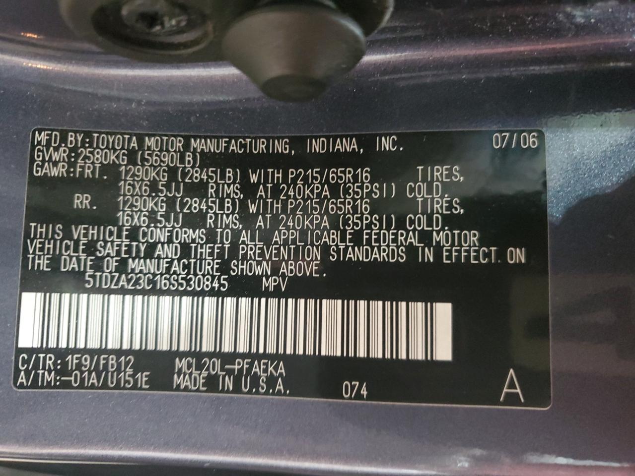 2006 Toyota Sienna Ce VIN: 5TDZA23C16S530845 Lot: 63517975