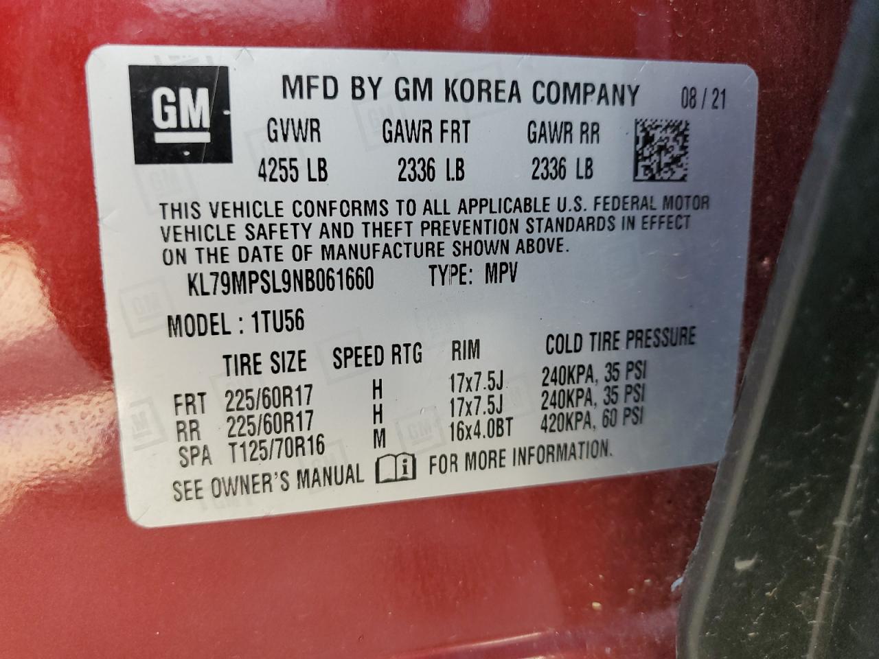 2022 Chevrolet Trailblazer Lt VIN: KL79MPSL9NB061660 Lot: 64183875