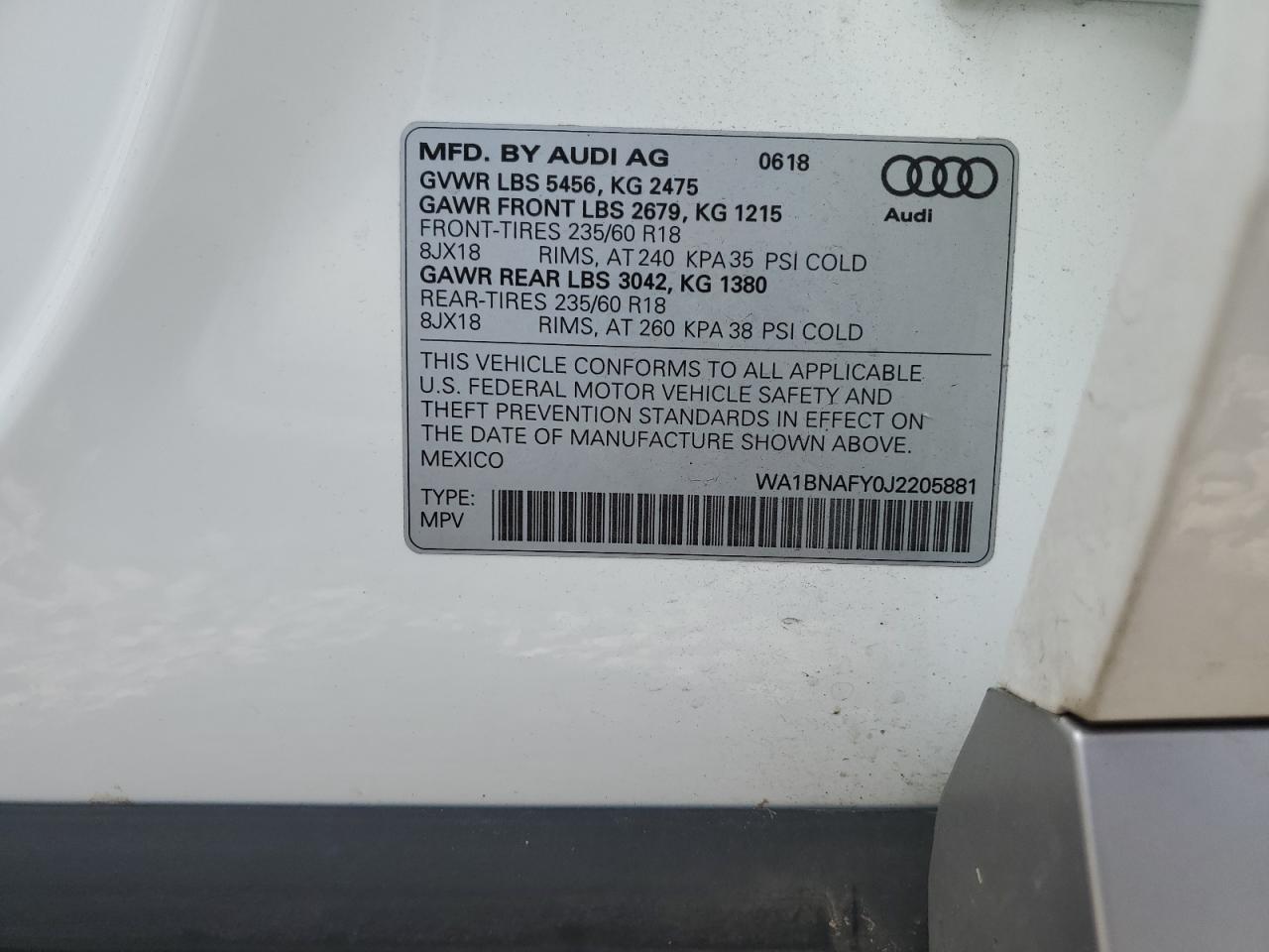 wa1bnafy0j2205881 WA1BNAFY0J2205881 2018 Audi Q5 Premium Plus