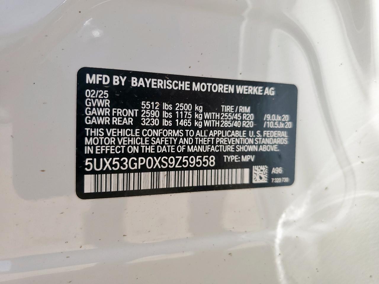 2025 BMW X3 30 xDrive VIN: 5UX53GP0XS9Z59558 Lot: 65023755