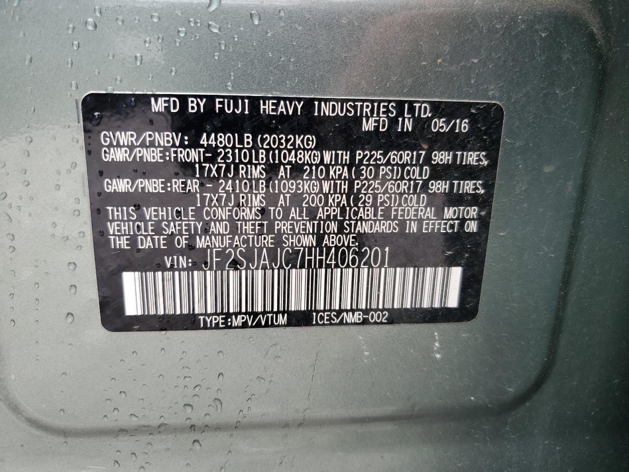 2017 Subaru Forester 2.5I Limited VIN: JF2SJAJC7HH406201 Lot: 64380555