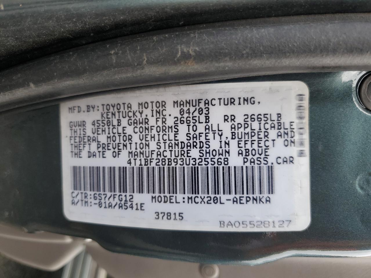 2003 Toyota Avalon Xl VIN: 4T1BF28B93U325568 Lot: 64957915