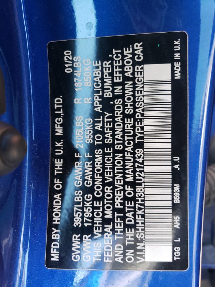 2020 Honda Civic Lx VIN: SHHFK7H38LU217439 Lot: 63277845