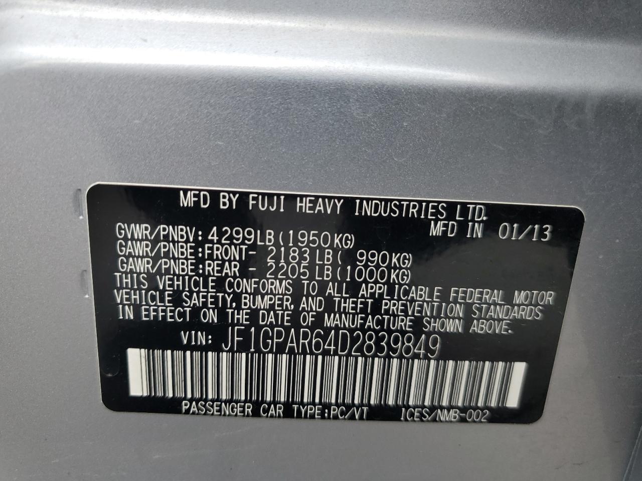 2013 Subaru Impreza Sport Limited VIN: JF1GPAR64D2839849 Lot: 63862065