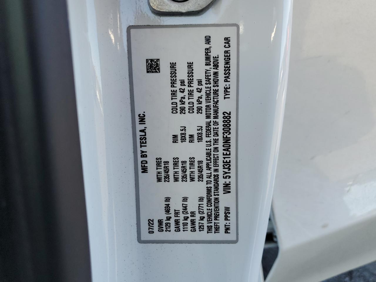 2022 Tesla Model 3 VIN: 5YJ3E1EA0NF308882 Lot: 65438145