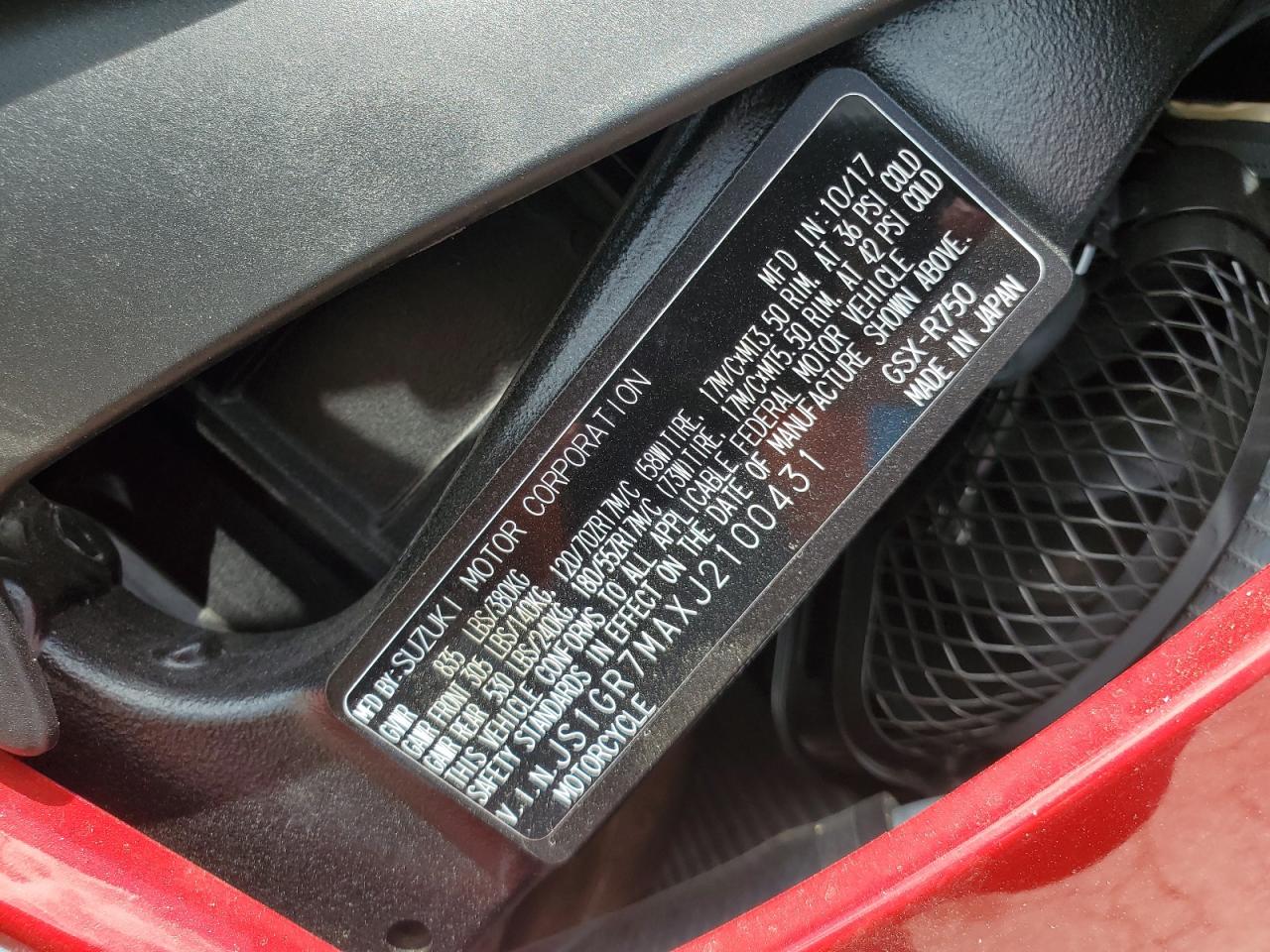 js1gr7maxj2100431 JS1GR7MAXJ2100431 2018 Suzuki Gsx-R750