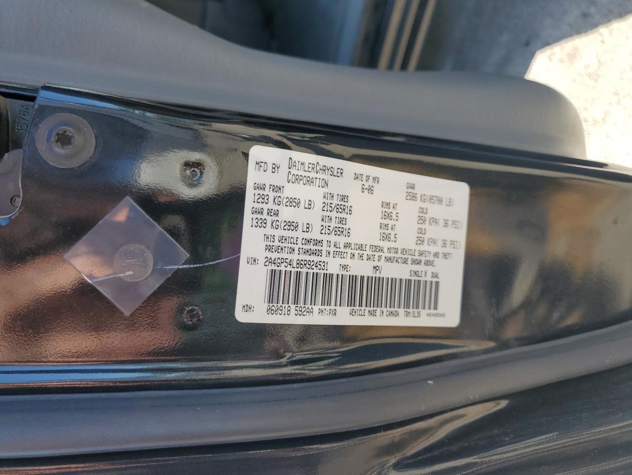 2006 Chrysler Town & Country Touring VIN: 2A4GP54L86R924531 Lot: 62865205
