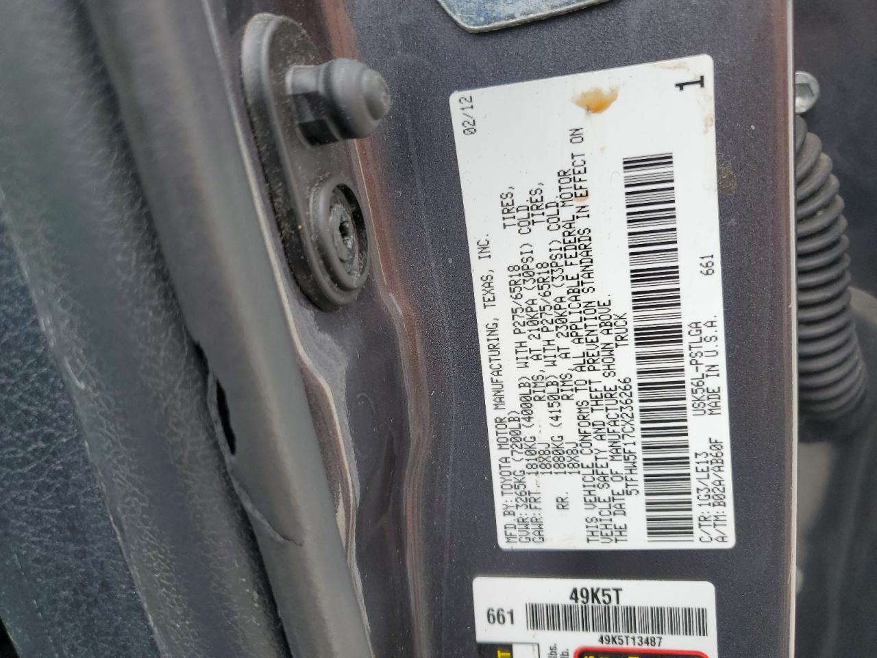 2012 Toyota Tundra Crewmax Limited VIN: 5TFHW5F17CX236266 Lot: 64108375