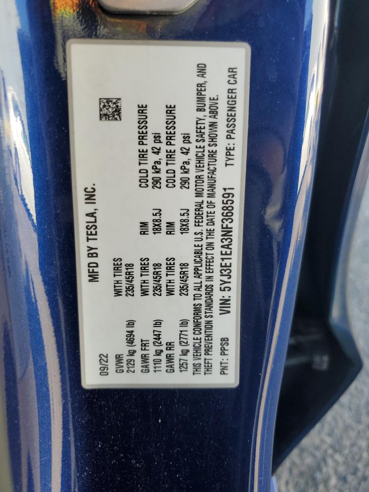 2022 Tesla Model 3 VIN: 5YJ3E1EA3NF368591 Lot: 63812585