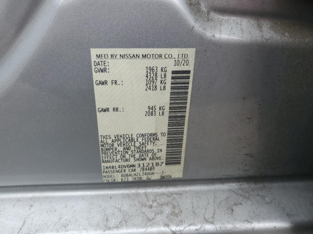 2021 Nissan Altima Sv VIN: 1N4BL4DV6MN312187 Lot: 64146725