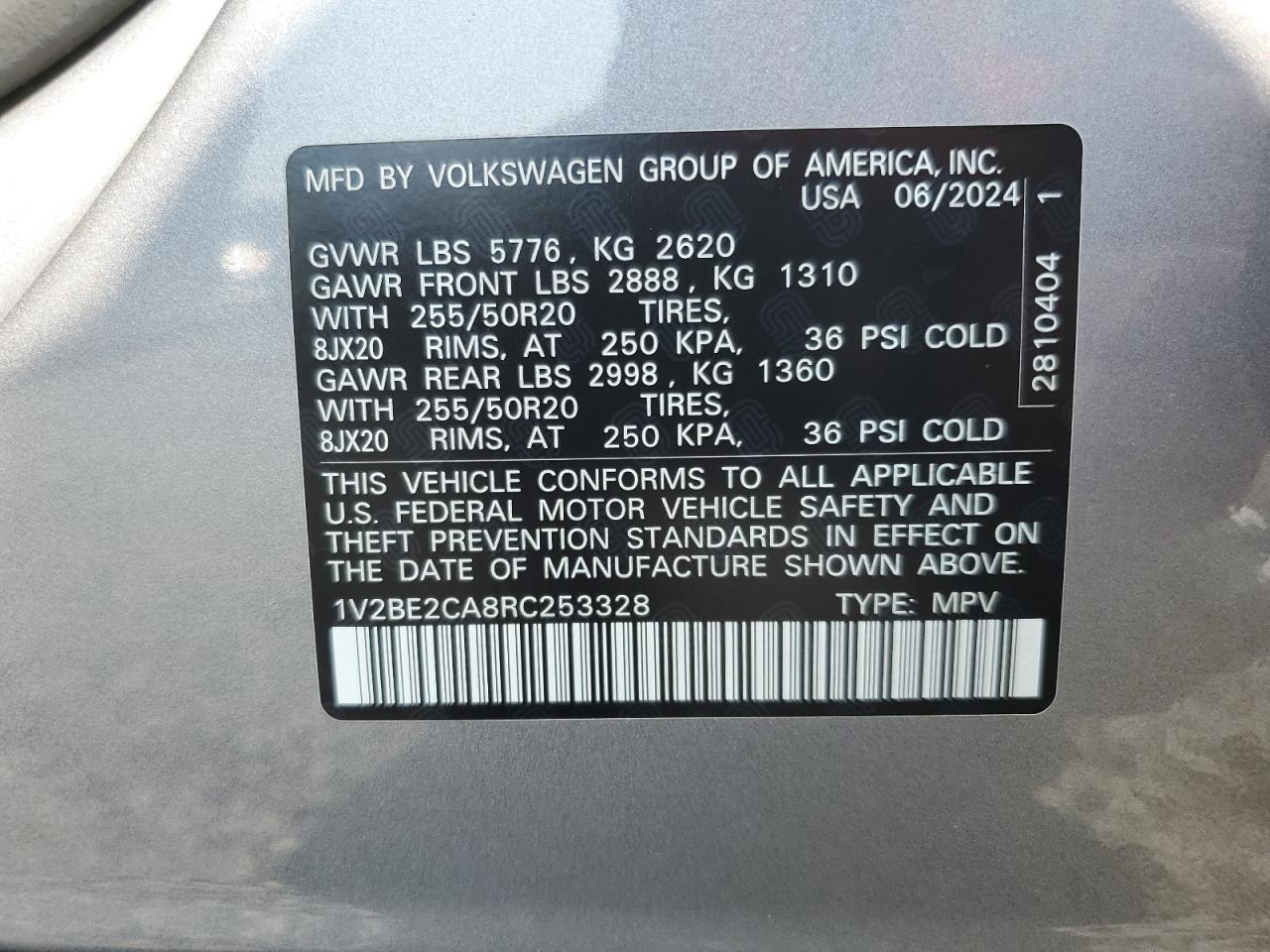 2024 Volkswagen Atlas Cross Sport Sel VIN: 1V2BE2CA8RC253328 Lot: 66685595