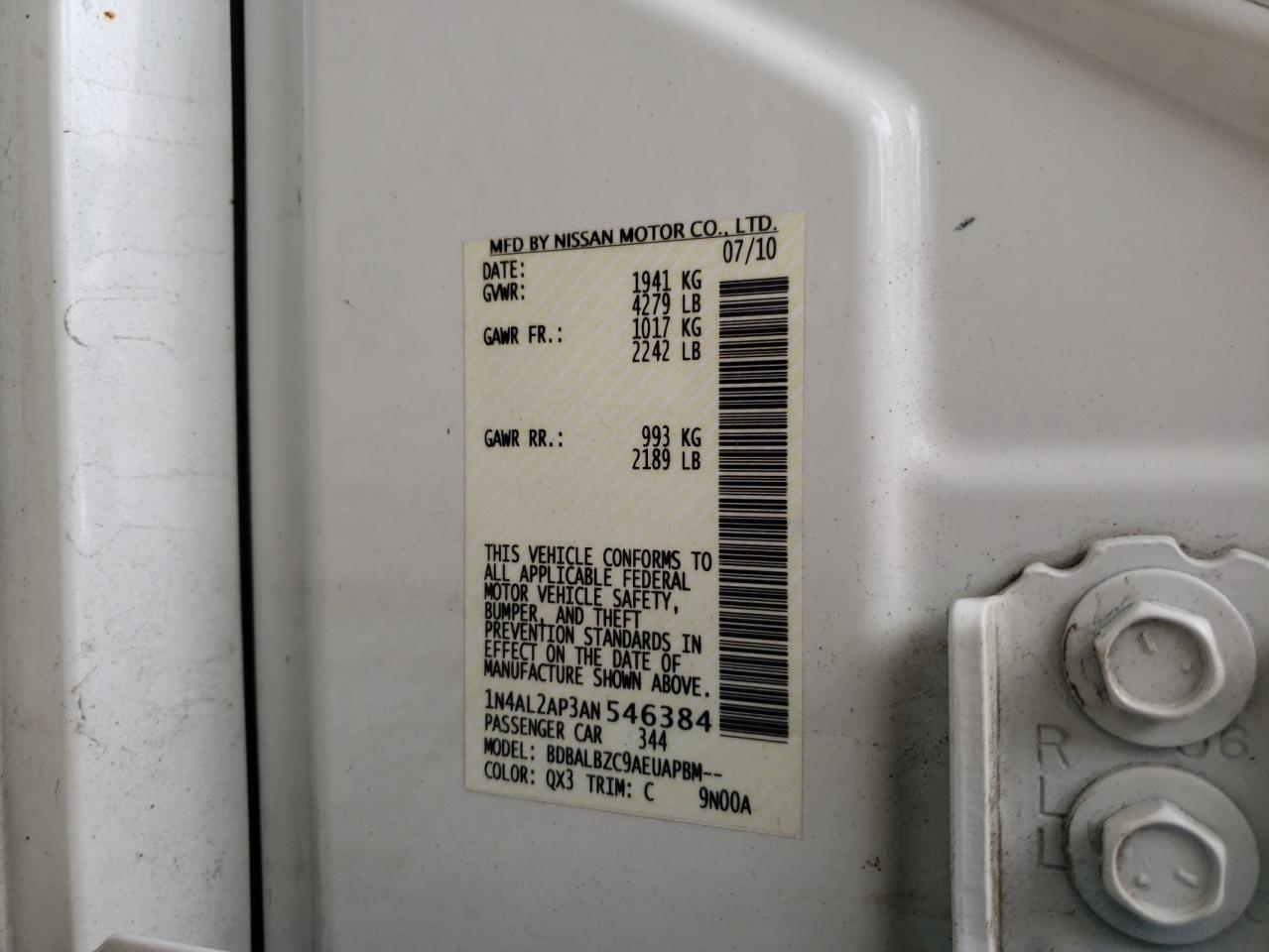2010 Nissan Altima Base VIN: 1N4AL2AP3AN546384 Lot: 65166335