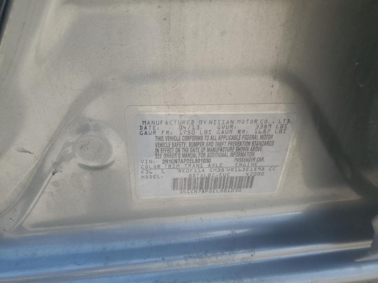2014 Nissan Versa S VIN: 3N1CN7AP2EL801030 Lot: 64380235