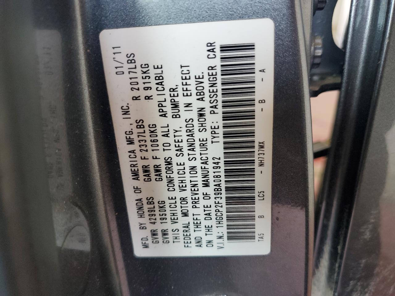 2011 Honda Accord Lx VIN: 1HGCP2F39BA081942 Lot: 63467465
