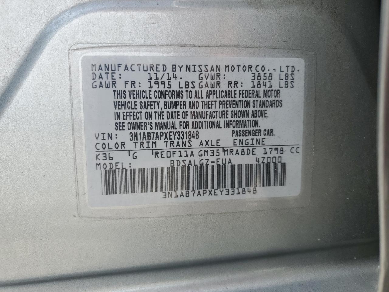 2014 Nissan Sentra S VIN: 3N1AB7APXEY331848 Lot: 65377855