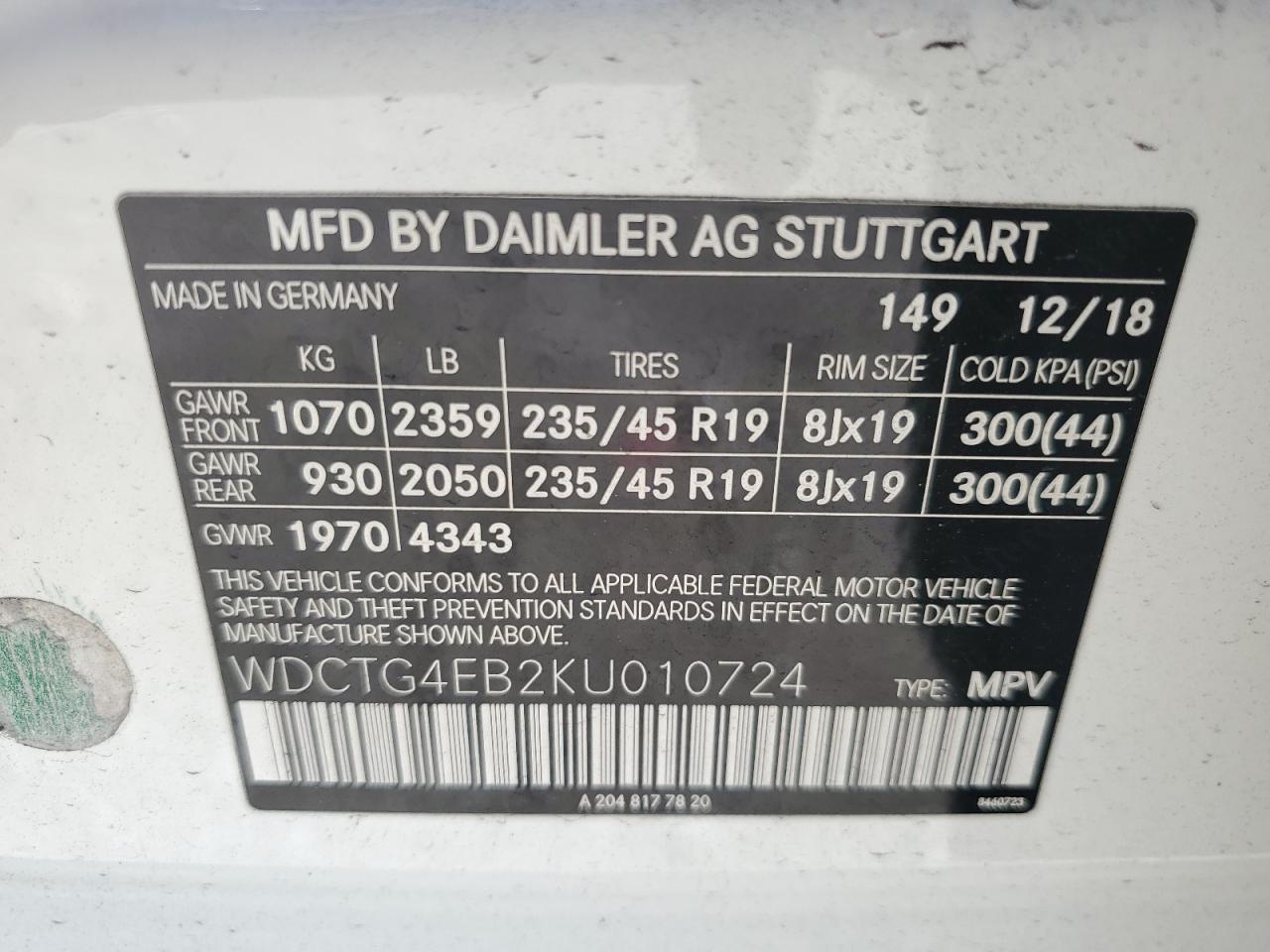 2019 Mercedes-Benz Gla 250 VIN: WDCTG4EB2KU010724 Lot: 63547645