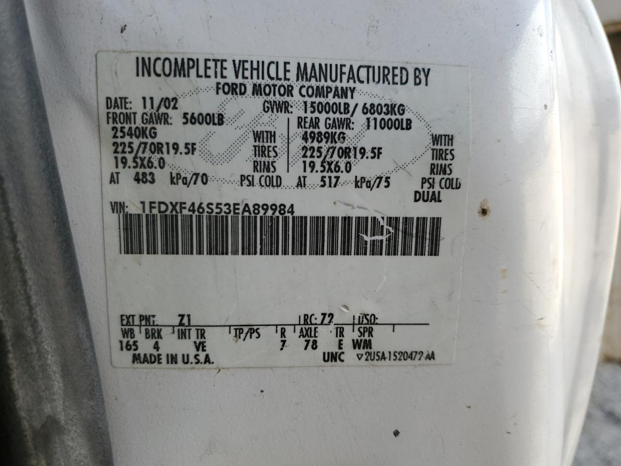 2003 Ford F450 Super Duty VIN: 1FDXF46S53EA89984 Lot: 60218635