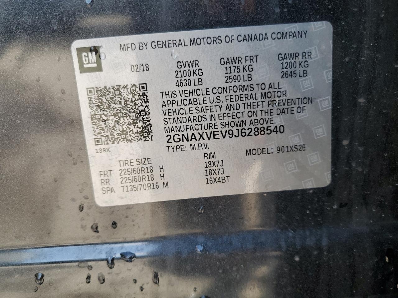 2018 Chevrolet Equinox Premier VIN: 2GNAXVEV9J6288540 Lot: 63873455