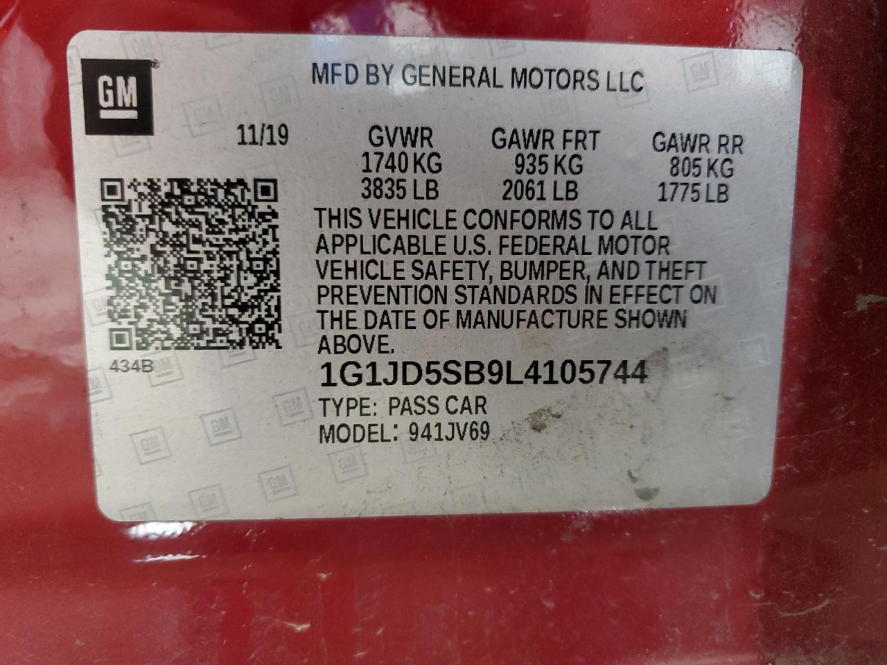 2020 Chevrolet Sonic Lt VIN: 1G1JD5SB9L4105744 Lot: 64126165
